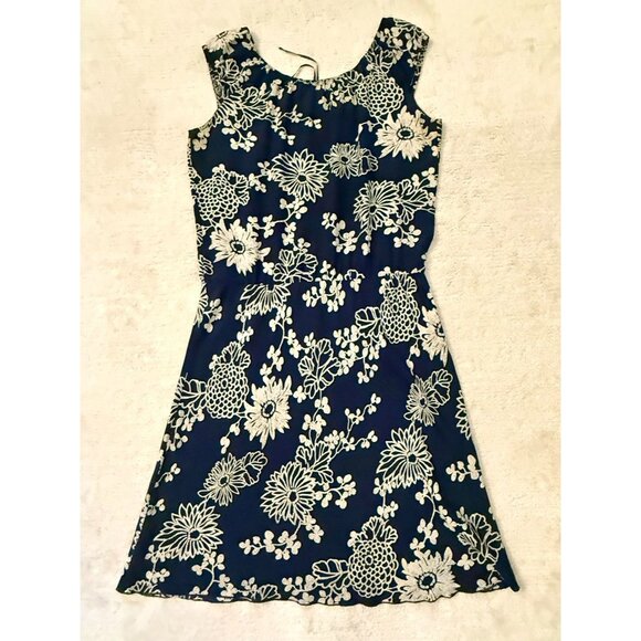 J Crew Womens Navy Floral Silk Midi Dress Size 12 Elastic Waist Scoop Neck - Picture 4 of 14